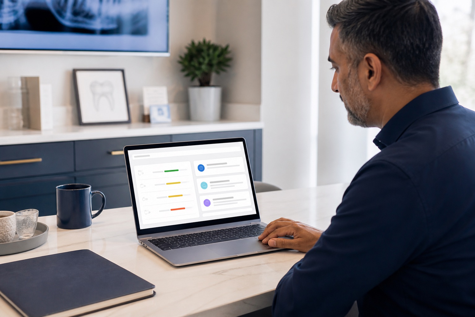A dental practice owner reviewing a website assessment on a laptop.